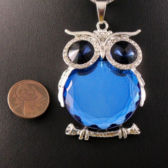 Blue Crystal/Rhinestone Owl Pendant Necklace - Picture 4 of 7